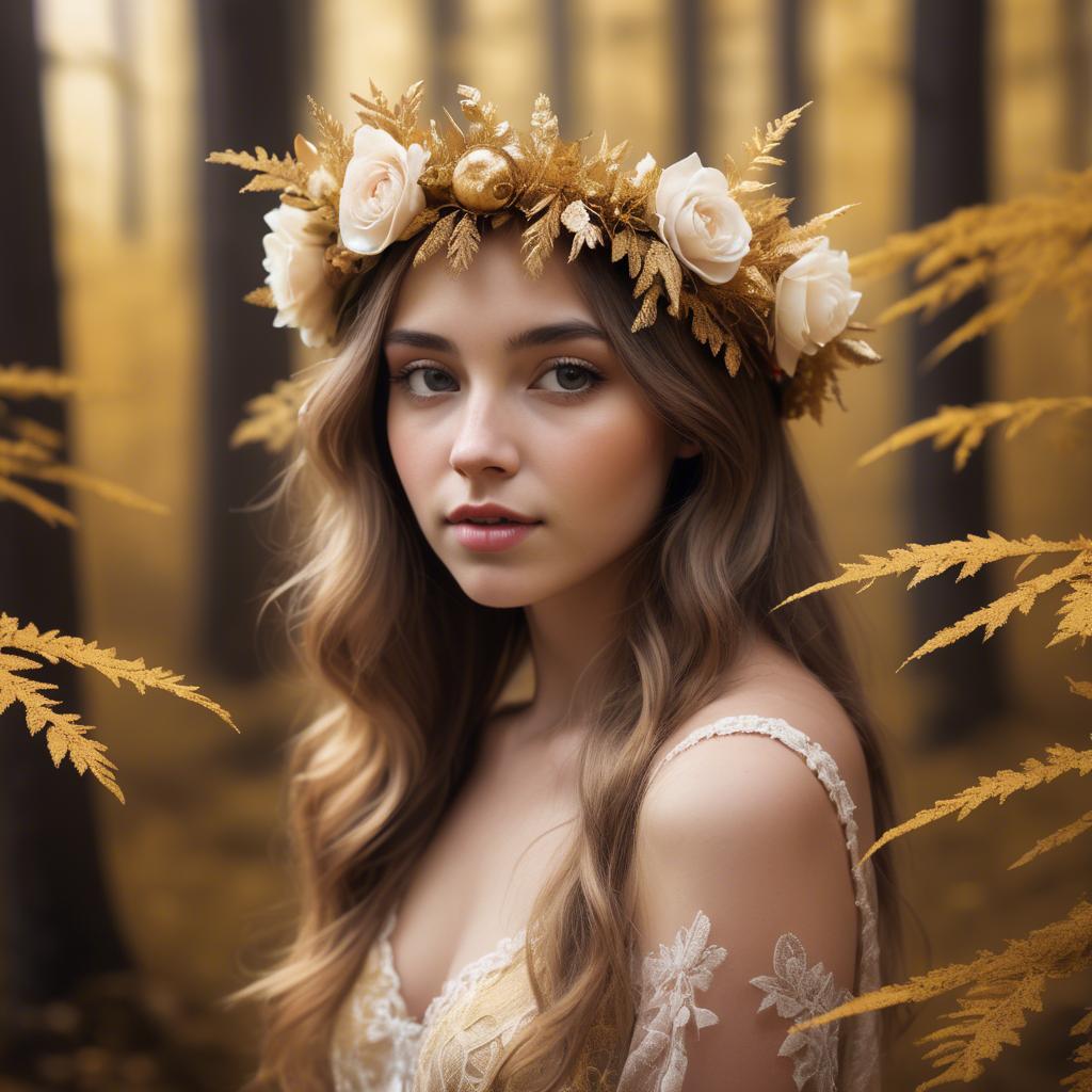 A stunning image of dreamy girl with a floral crown in a golden forest.