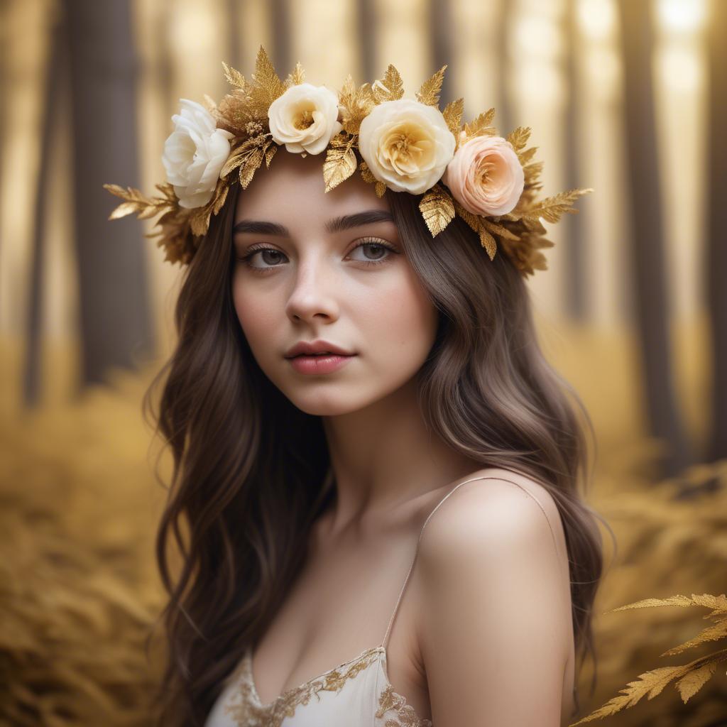 A stunning image of dreamy girl with a floral crown in a golden forest.