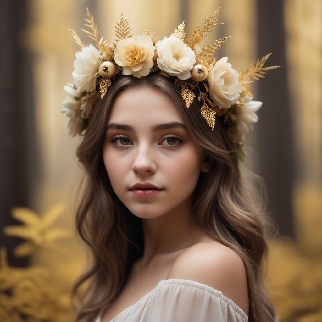 A stunning image of dreamy girl with a floral crown in a golden forest.