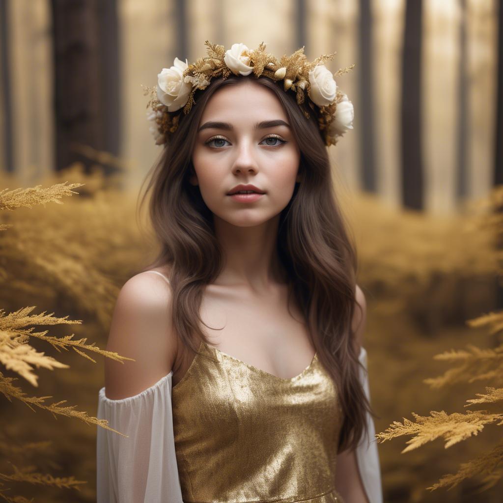A stunning image of dreamy girl with a floral crown in a golden forest.