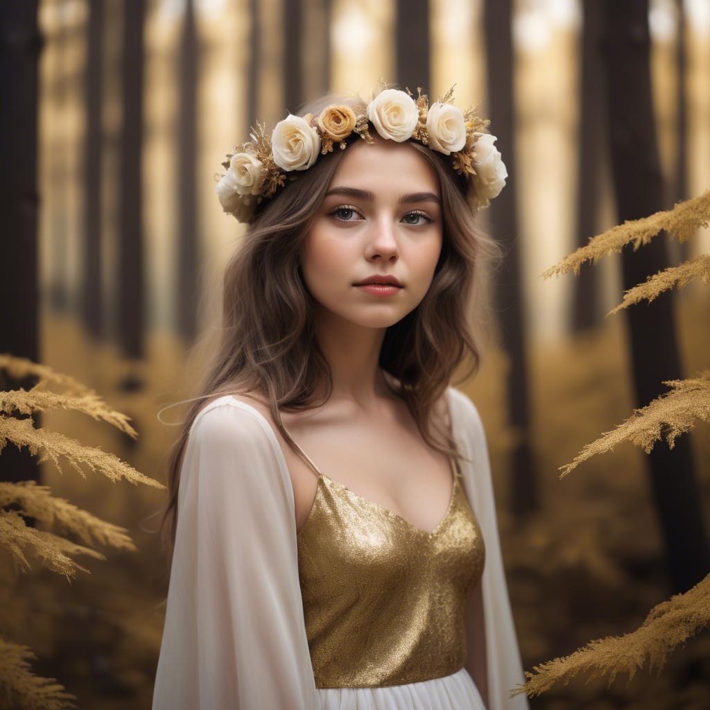 A stunning image of dreamy girl with a floral crown in a golden forest.