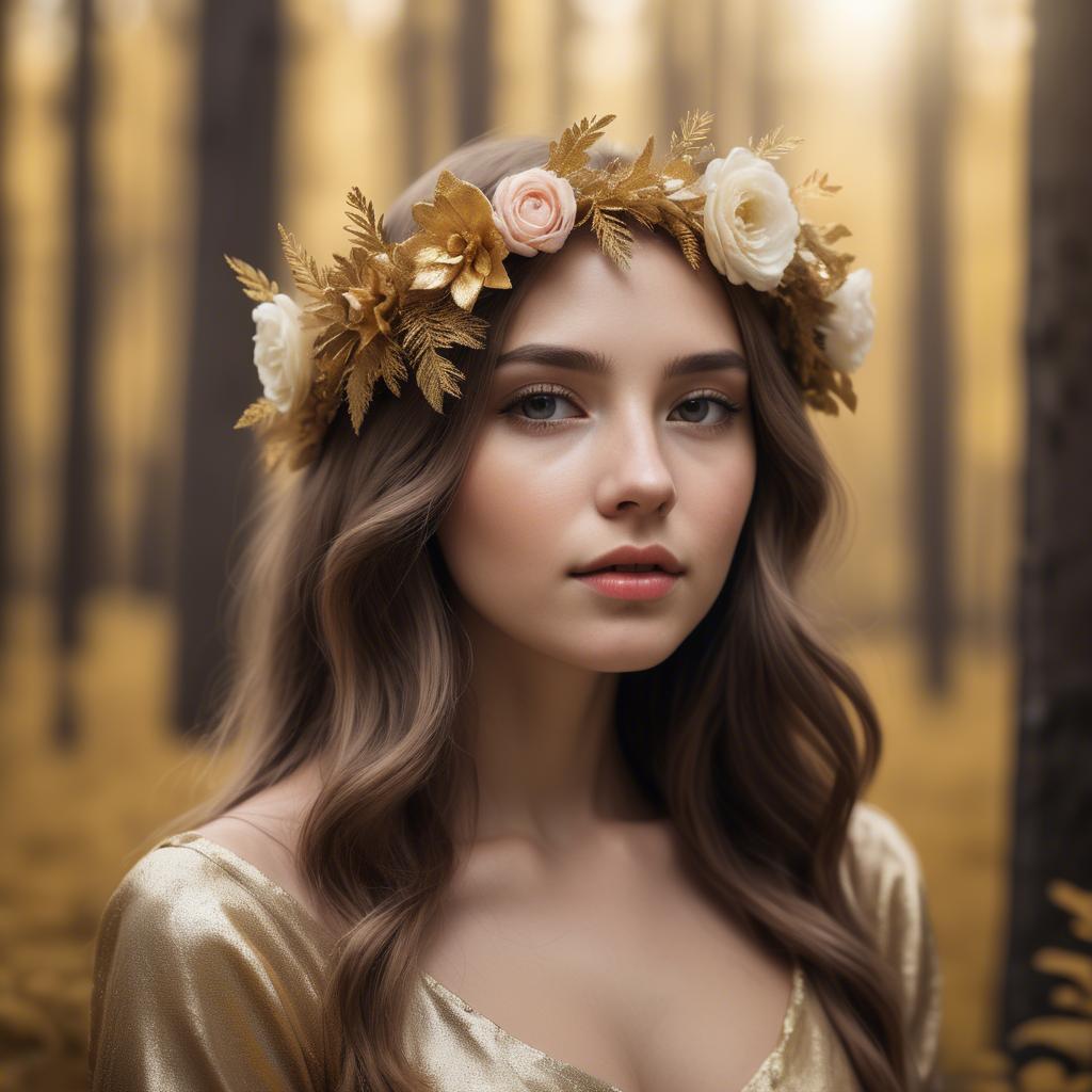 A stunning image of dreamy girl with a floral crown in a golden forest.