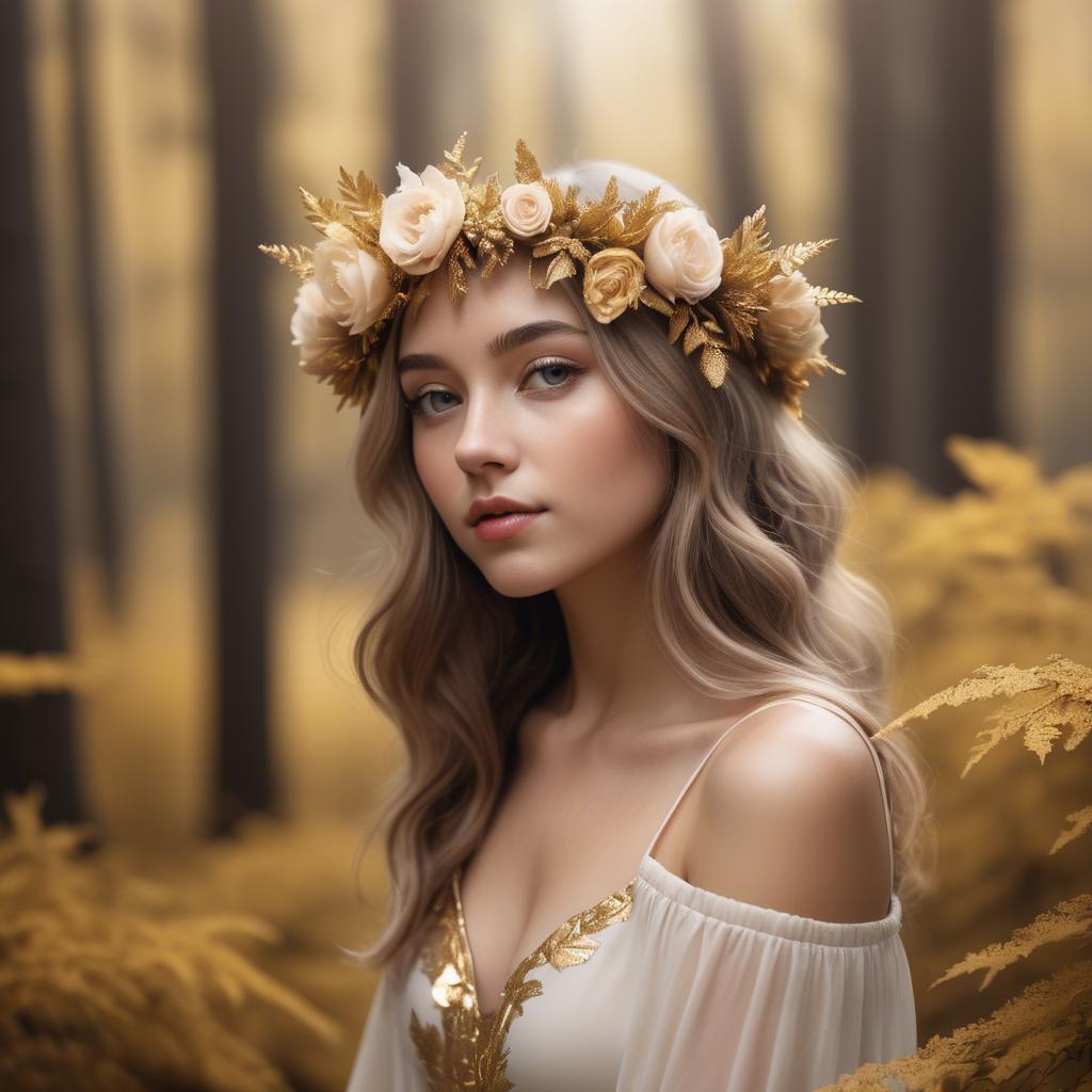 A stunning image of dreamy girl with a floral crown in a golden forest.