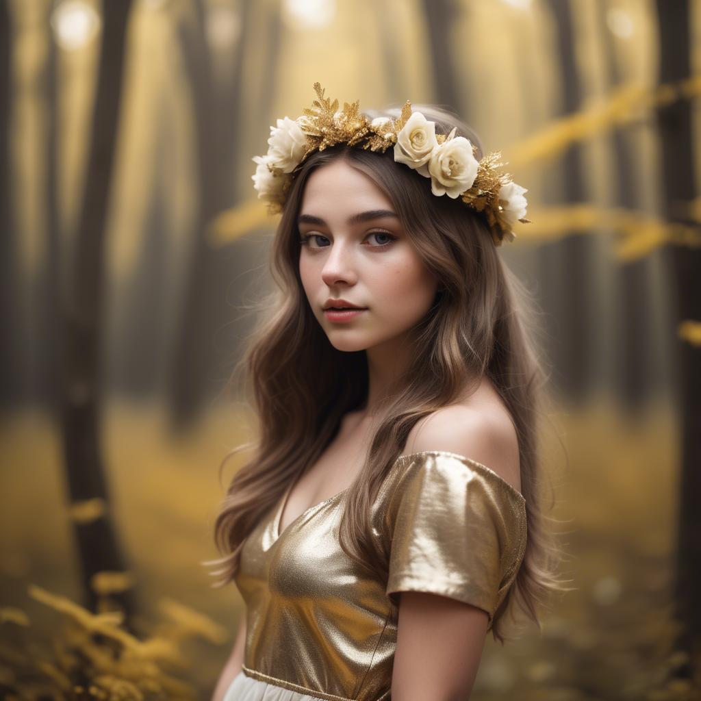 A stunning image of dreamy girl with a floral crown in a golden forest.