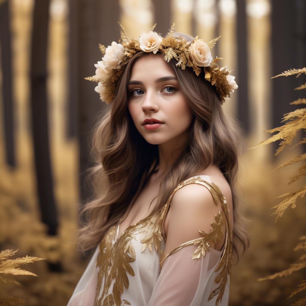 A stunning image of dreamy girl with a floral crown in a golden forest.