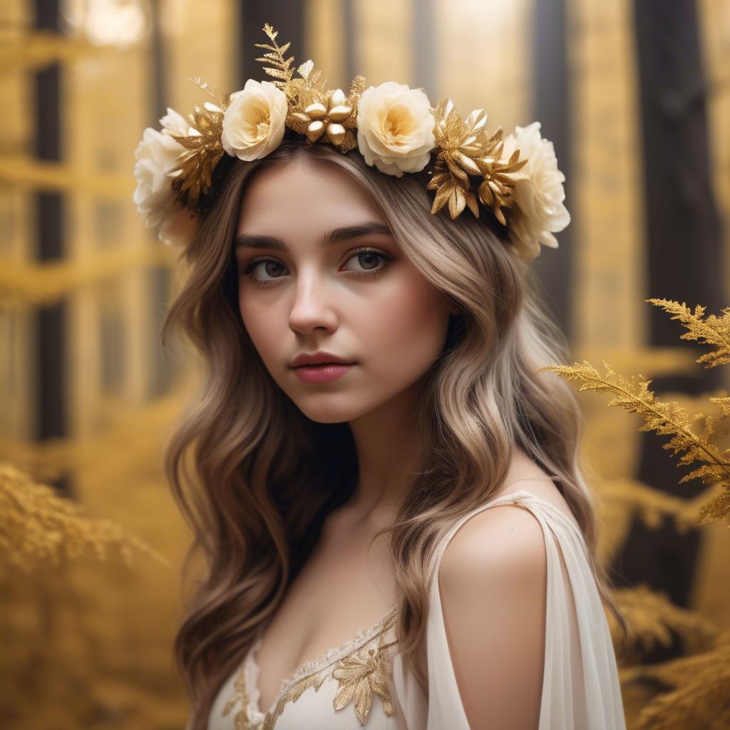 A stunning image of dreamy girl with a floral crown in a golden forest.