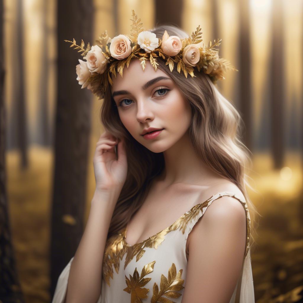 A stunning image of dreamy girl with a floral crown in a golden forest.