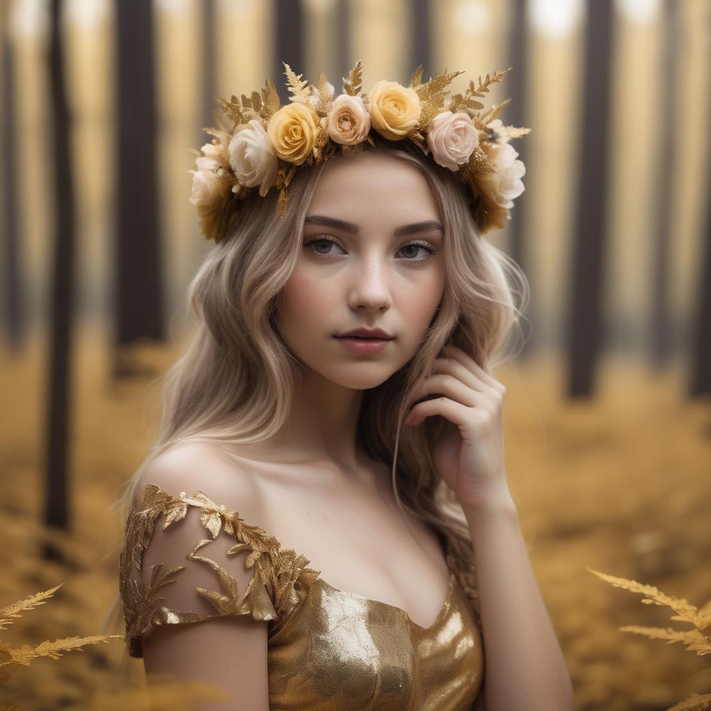 A stunning image of dreamy girl with a floral crown in a golden forest.