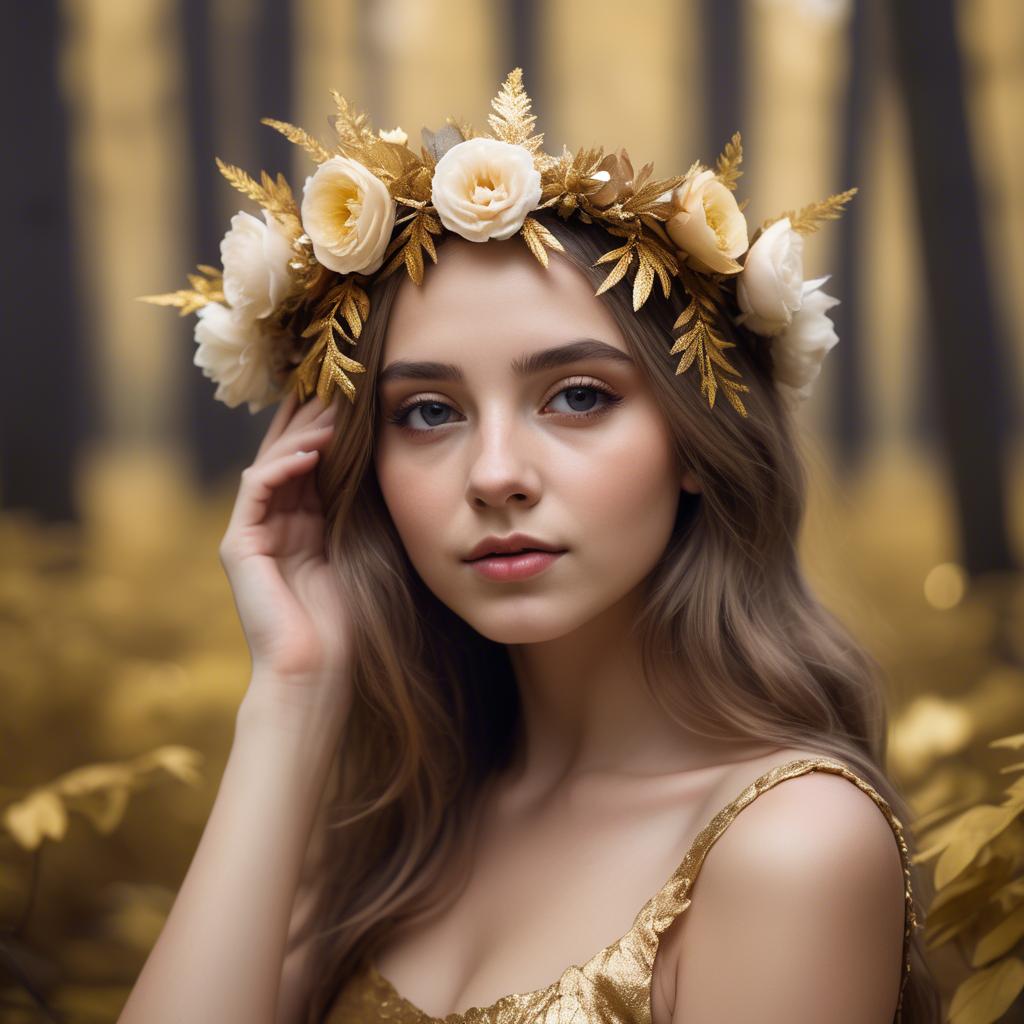 A stunning image of dreamy girl with a floral crown in a golden forest.