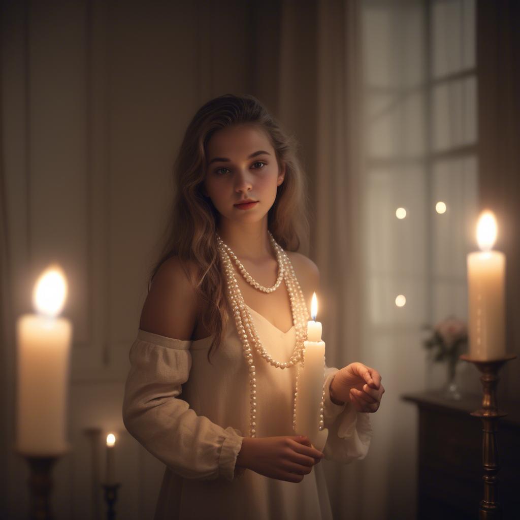 A stunning image of dreamy girl with a pearl necklace in a candlelit room.