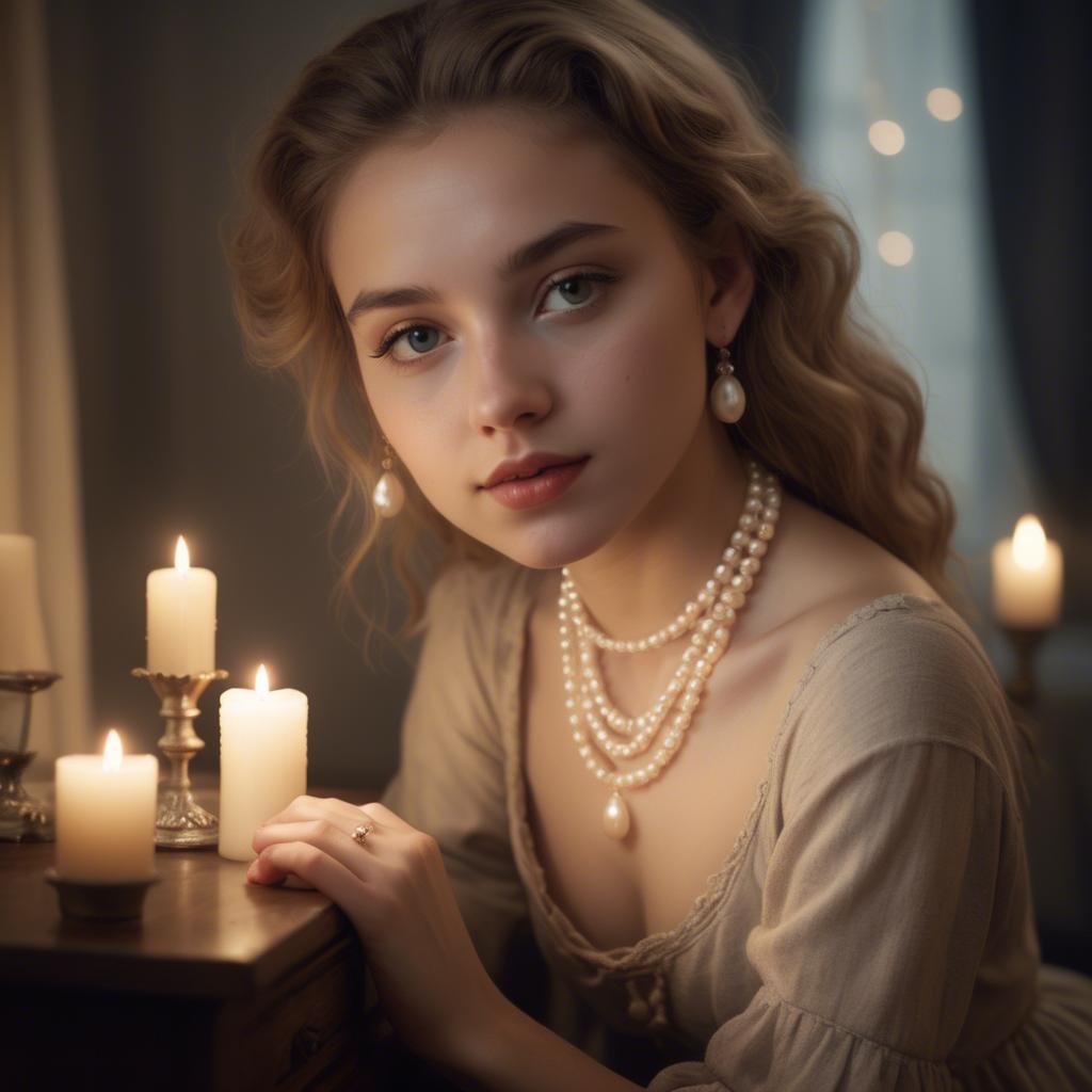 A stunning image of dreamy girl with a pearl necklace in a candlelit room.
