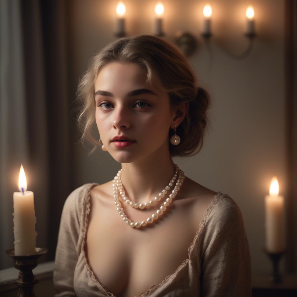 A stunning image of dreamy girl with a pearl necklace in a candlelit room.