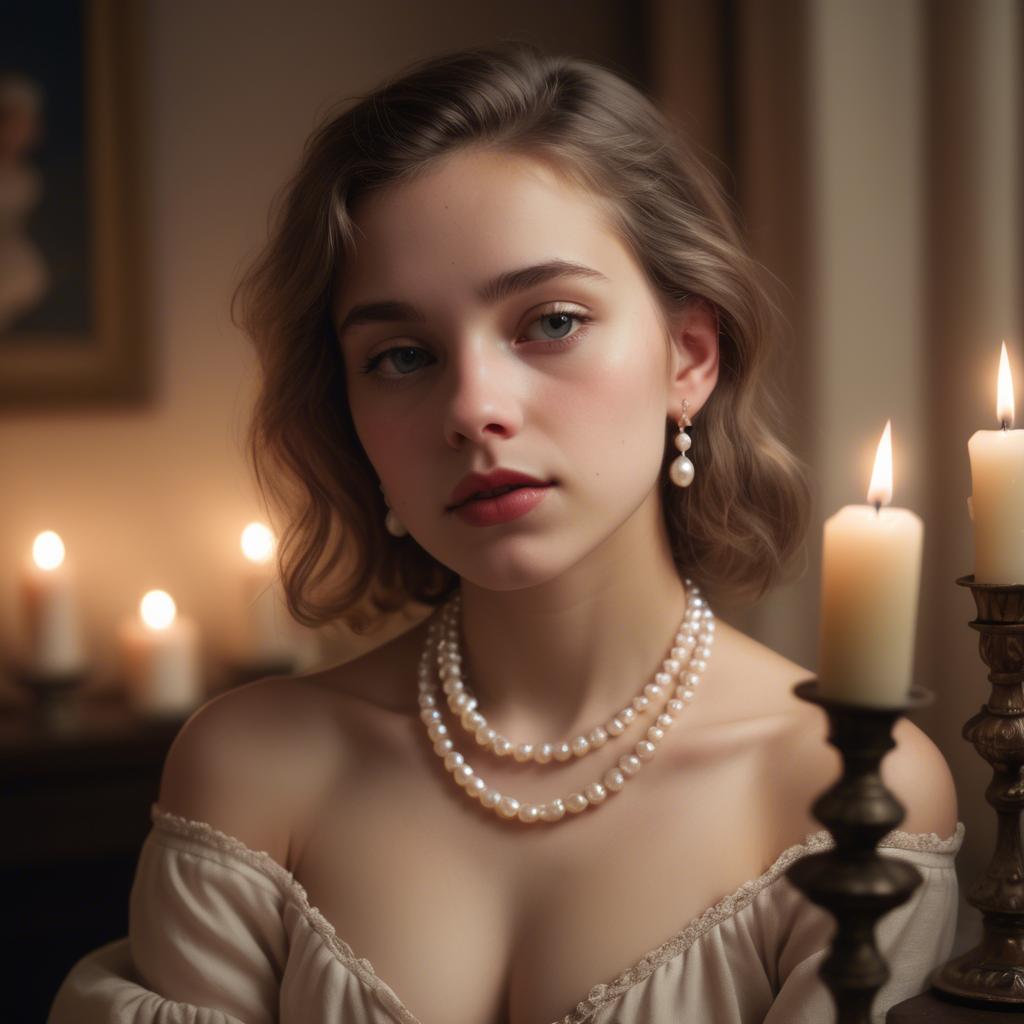 A stunning image of dreamy girl with a pearl necklace in a candlelit room.