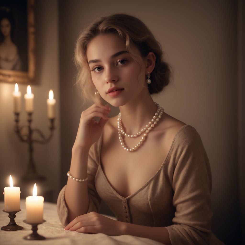 A stunning image of dreamy girl with a pearl necklace in a candlelit room.