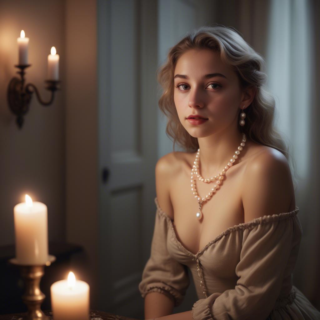 A stunning image of dreamy girl with a pearl necklace in a candlelit room.