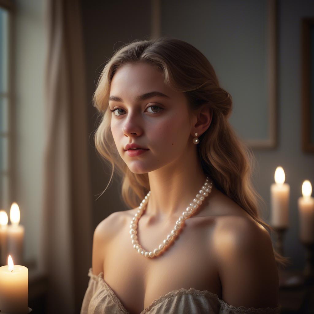 A stunning image of dreamy girl with a pearl necklace in a candlelit room.