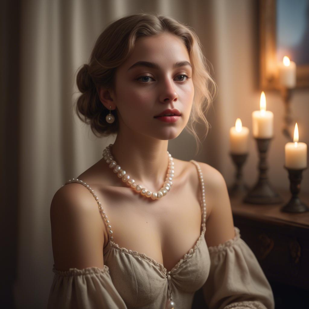 A stunning image of dreamy girl with a pearl necklace in a candlelit room.