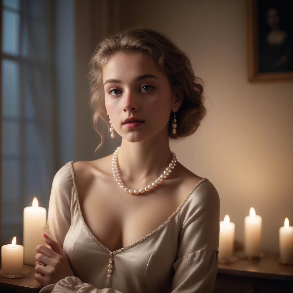 A stunning image of dreamy girl with a pearl necklace in a candlelit room.