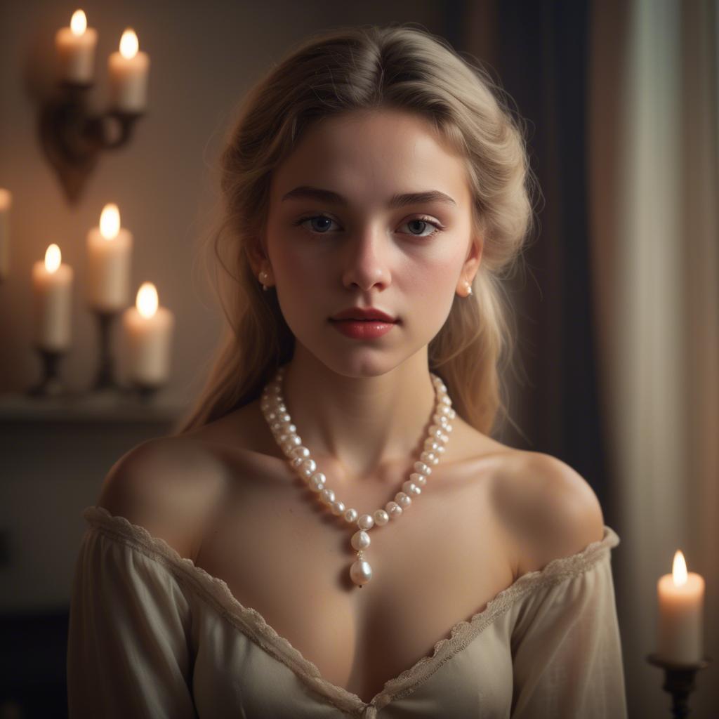 A stunning image of dreamy girl with a pearl necklace in a candlelit room.
