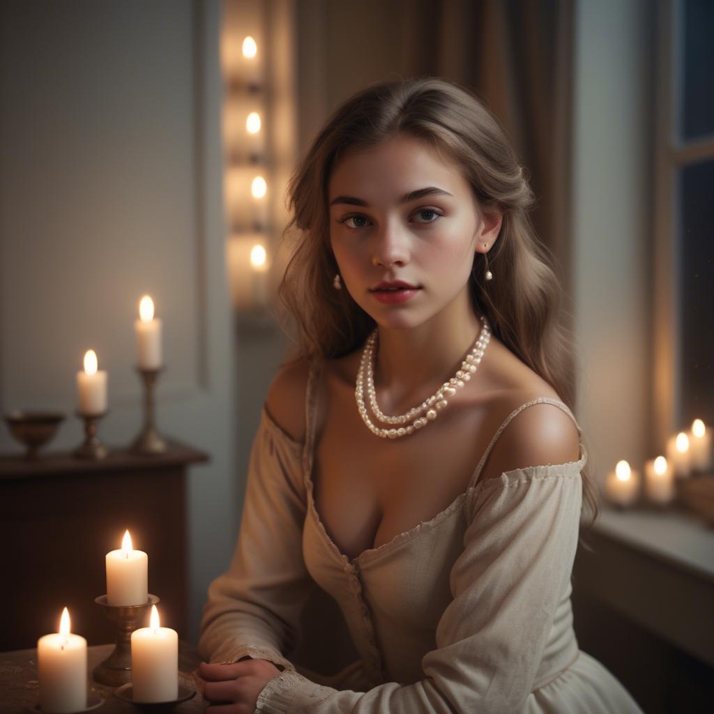 A stunning image of dreamy girl with a pearl necklace in a candlelit room.