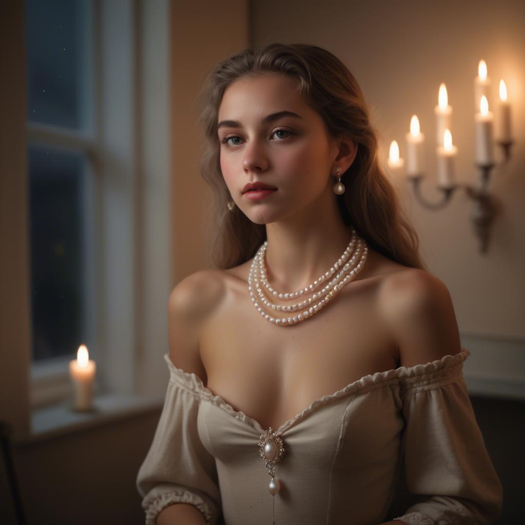 A stunning image of dreamy girl with a pearl necklace in a candlelit room.