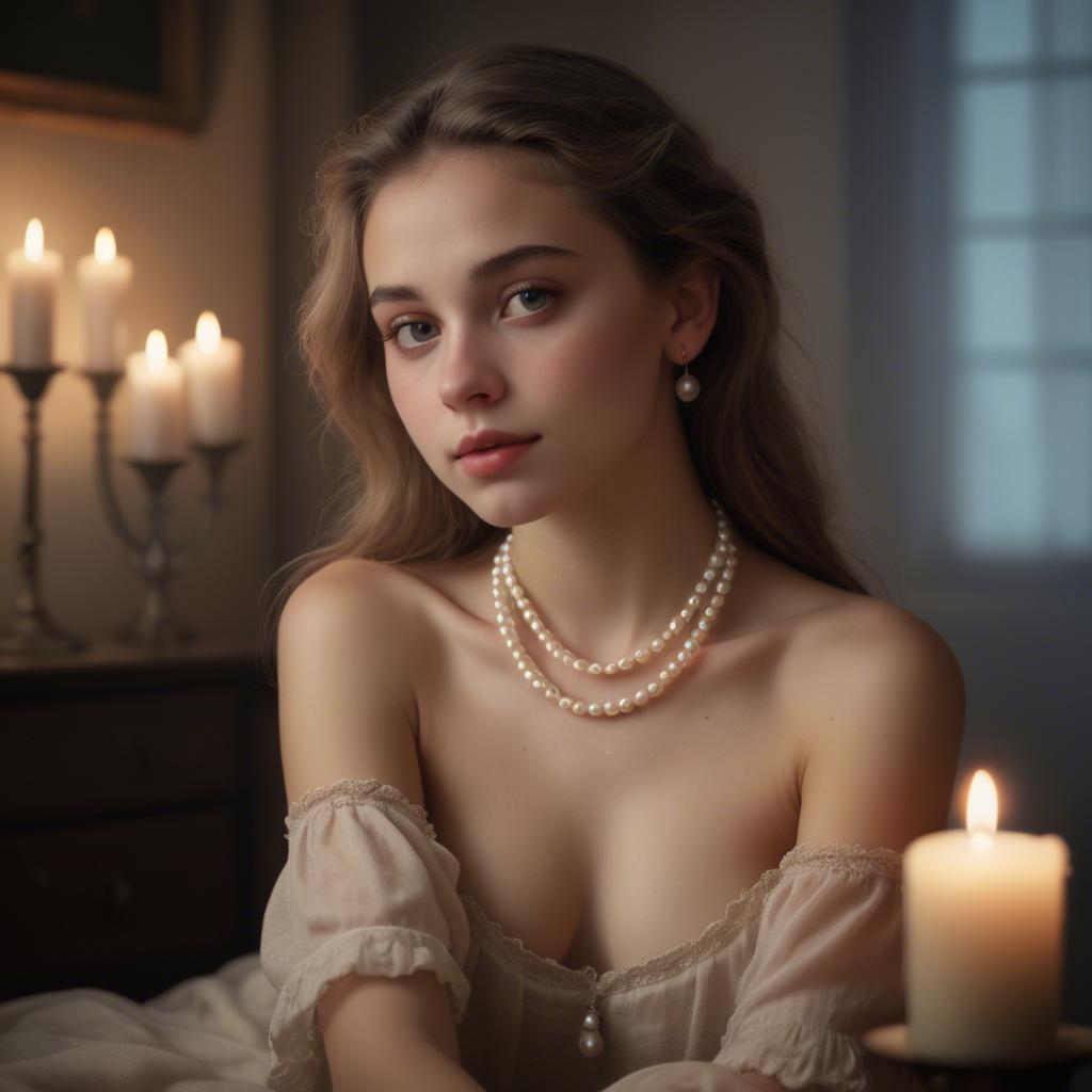 A stunning image of dreamy girl with a pearl necklace in a candlelit room.