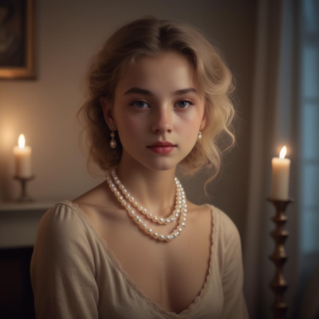 A stunning image of dreamy girl with a pearl necklace in a candlelit room.