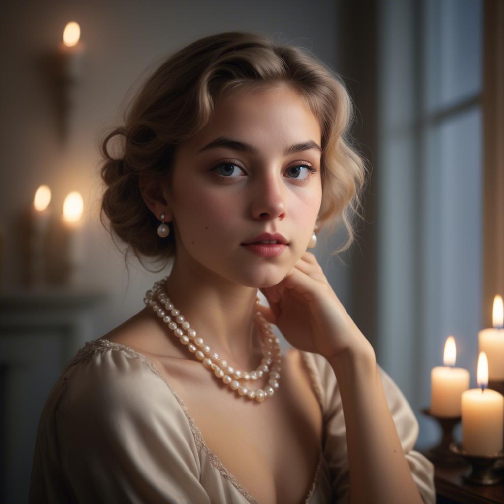 A stunning image of dreamy girl with a pearl necklace in a candlelit room.