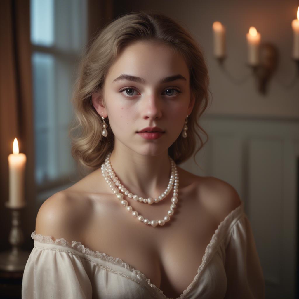 A stunning image of dreamy girl with a pearl necklace in a candlelit room.