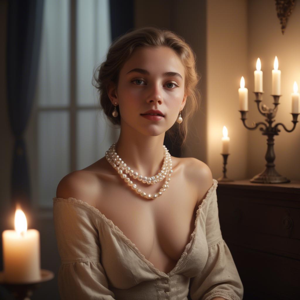 A stunning image of dreamy girl with a pearl necklace in a candlelit room.