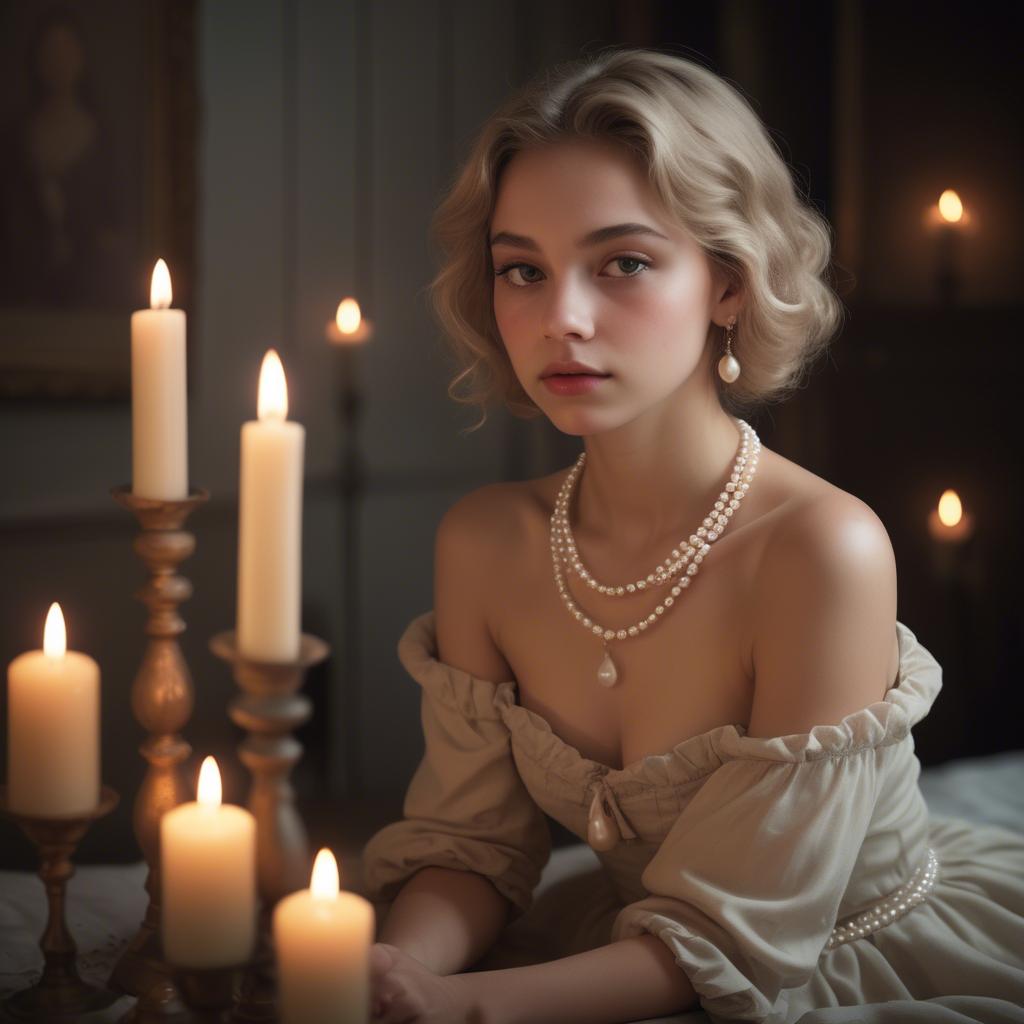 A stunning image of dreamy girl with a pearl necklace in a candlelit room.