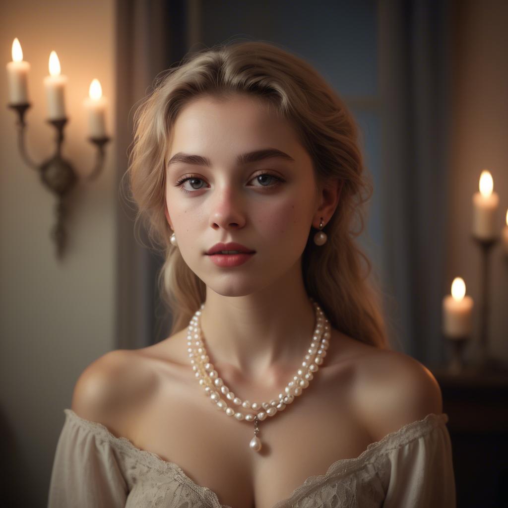 A stunning image of dreamy girl with a pearl necklace in a candlelit room.
