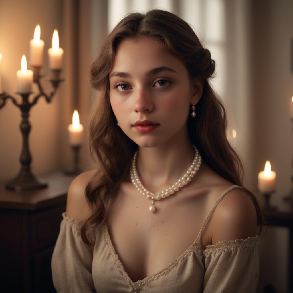 A stunning image of dreamy girl with a pearl necklace in a candlelit room.