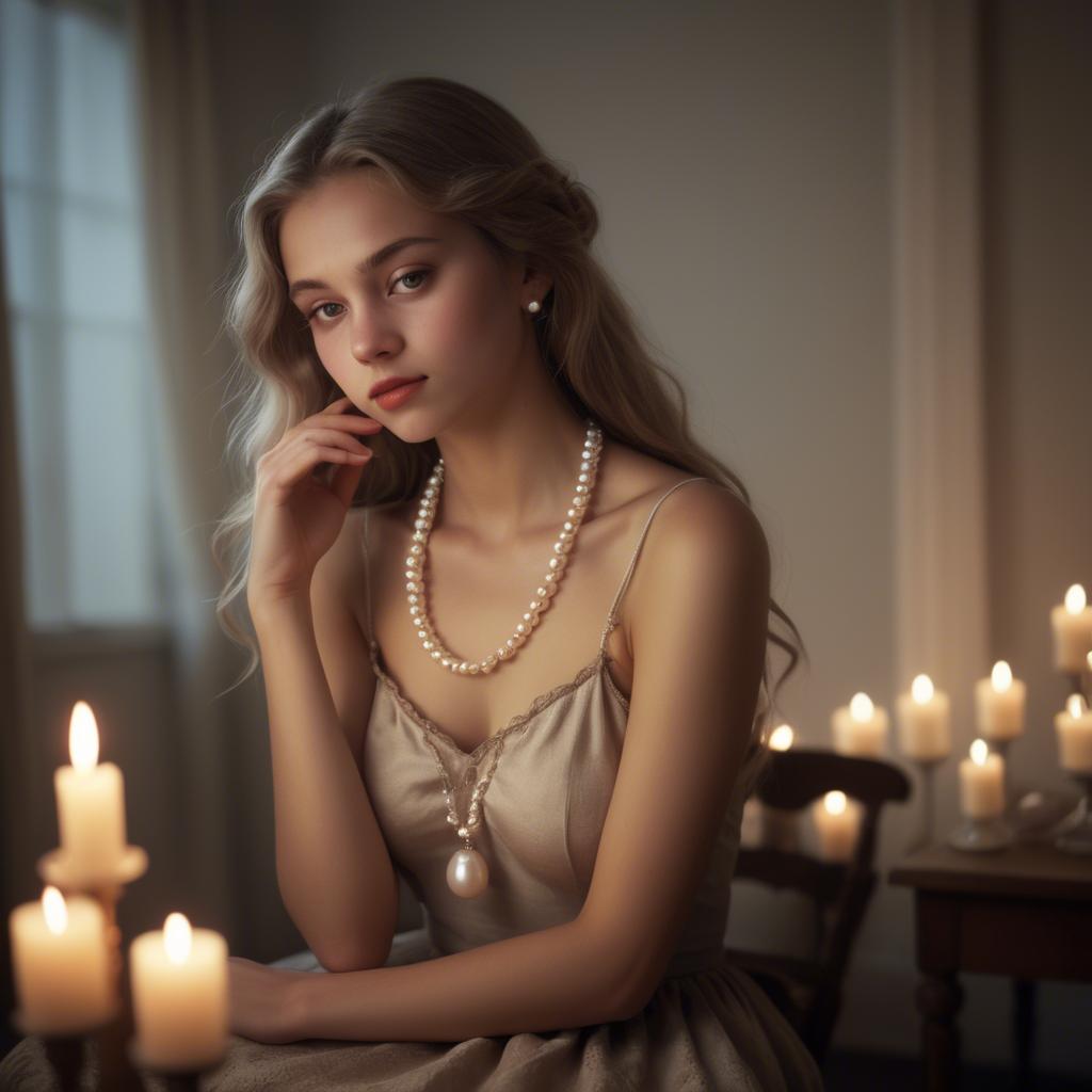 A stunning image of dreamy girl with a pearl necklace in a candlelit room.