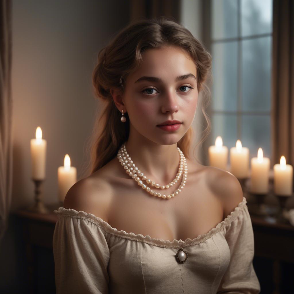 A stunning image of dreamy girl with a pearl necklace in a candlelit room.