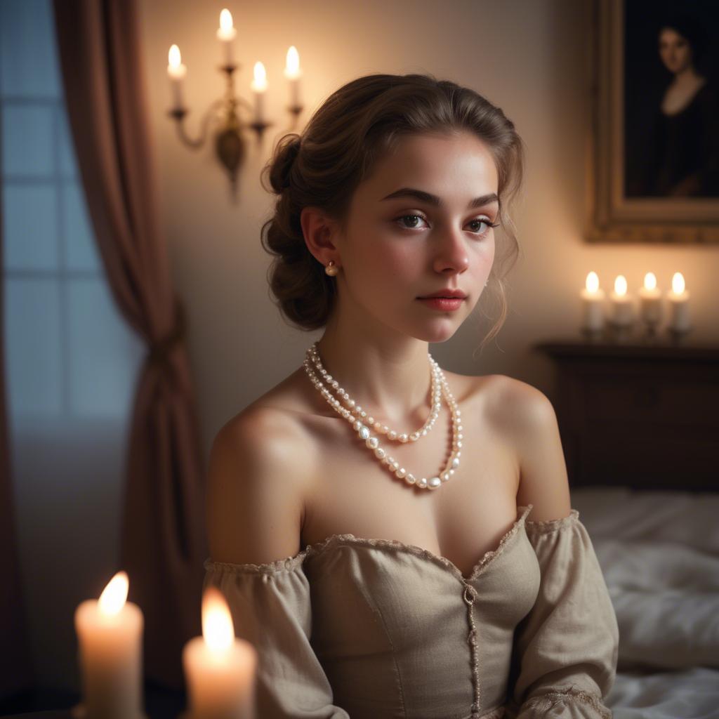 A stunning image of dreamy girl with a pearl necklace in a candlelit room.