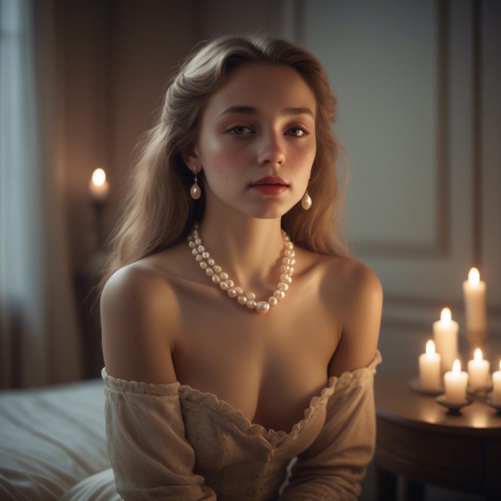A stunning image of dreamy girl with a pearl necklace in a candlelit room.