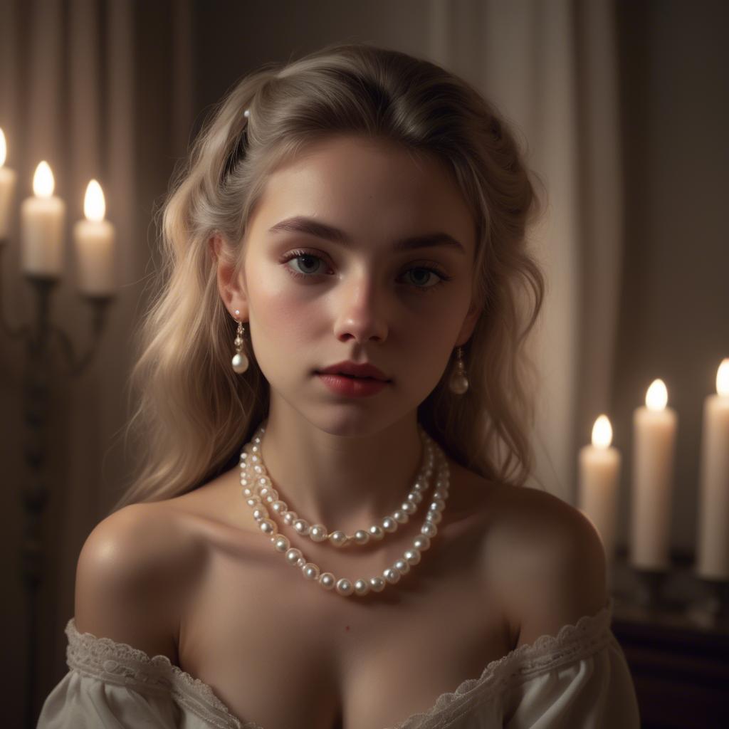 A stunning image of dreamy girl with a pearl necklace in a candlelit room.