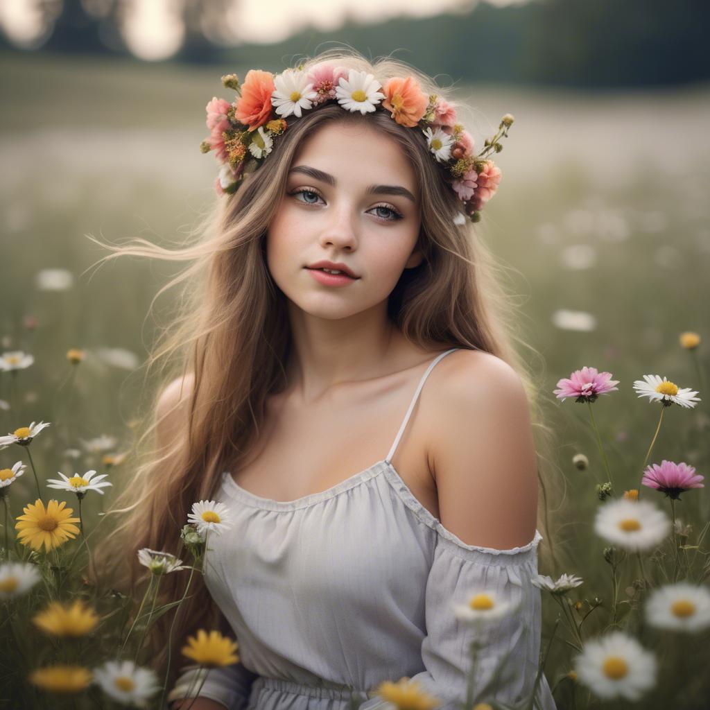 A stunning image of dreamy girl with flowers in her hair in a meadow.