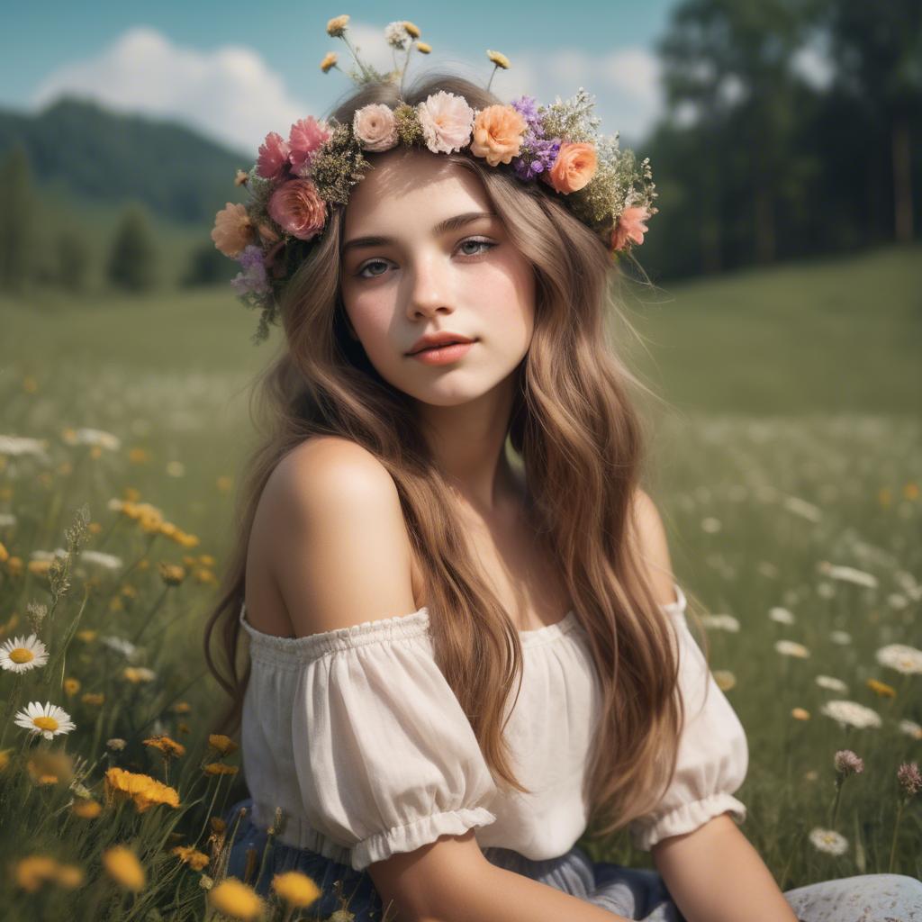 A stunning image of dreamy girl with flowers in her hair in a meadow.
