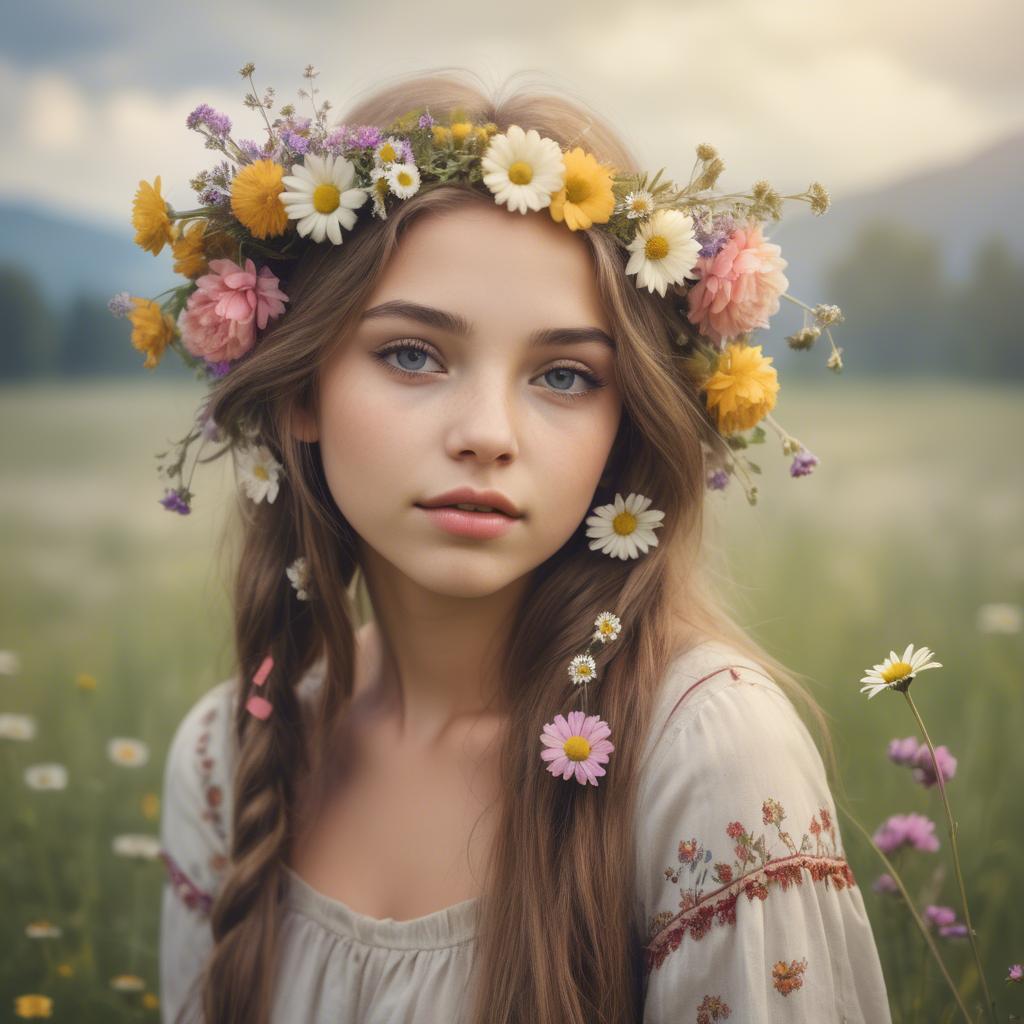 A stunning image of dreamy girl with flowers in her hair in a meadow.