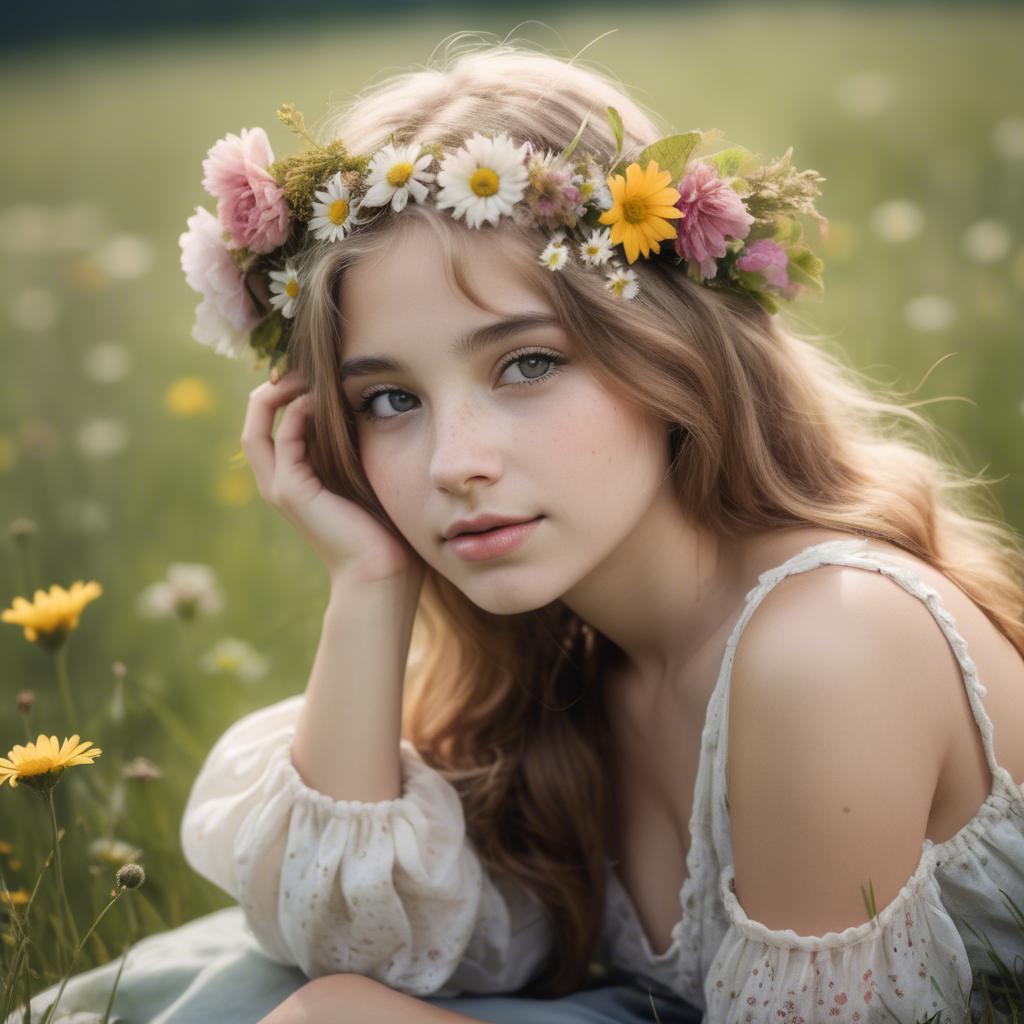 A stunning image of dreamy girl with flowers in her hair in a meadow.