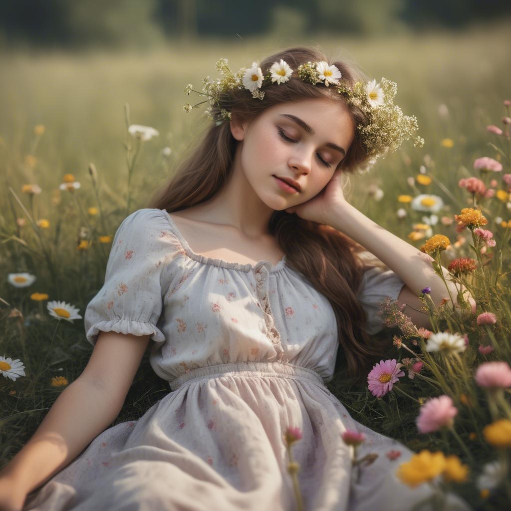 A stunning image of dreamy girl with flowers in her hair in a meadow.
