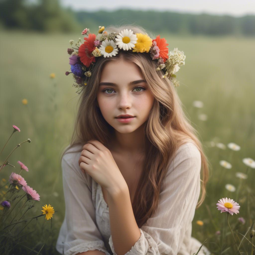 A stunning image of dreamy girl with flowers in her hair in a meadow.