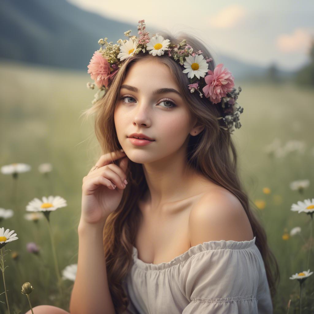 A stunning image of dreamy girl with flowers in her hair in a meadow.