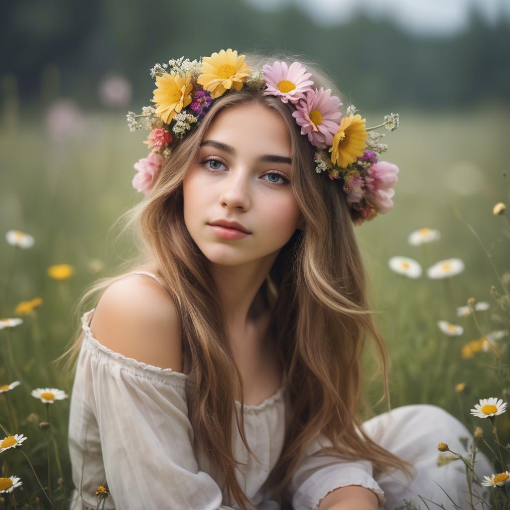 A stunning image of dreamy girl with flowers in her hair in a meadow.
