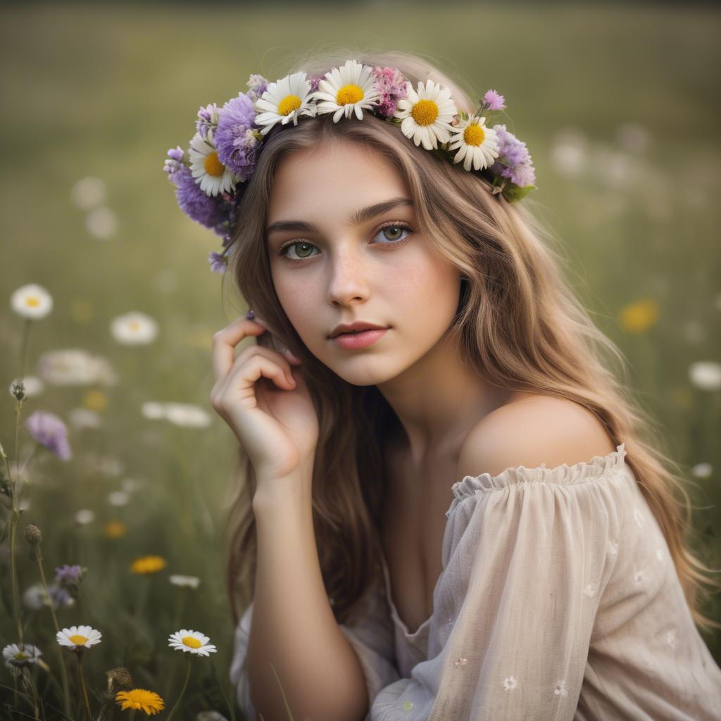 A stunning image of dreamy girl with flowers in her hair in a meadow.