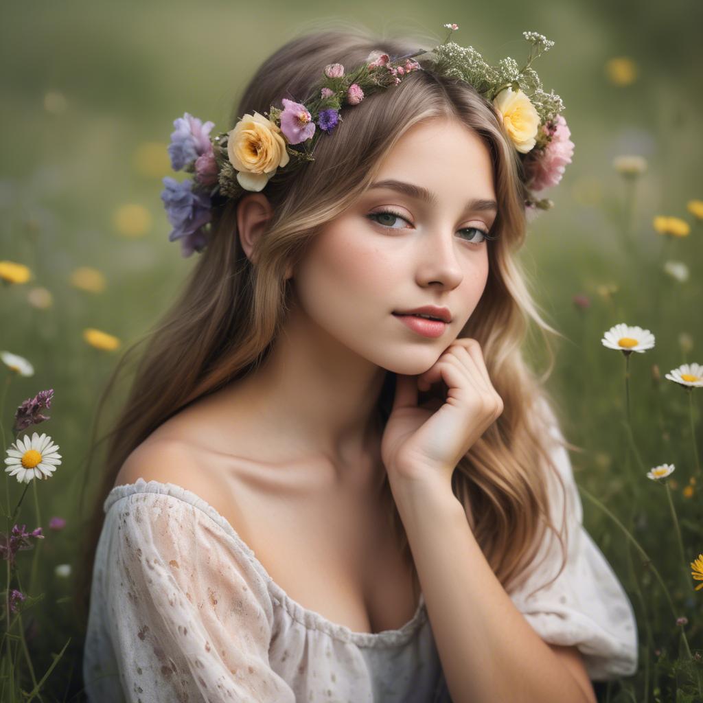 A stunning image of dreamy girl with flowers in her hair in a meadow.