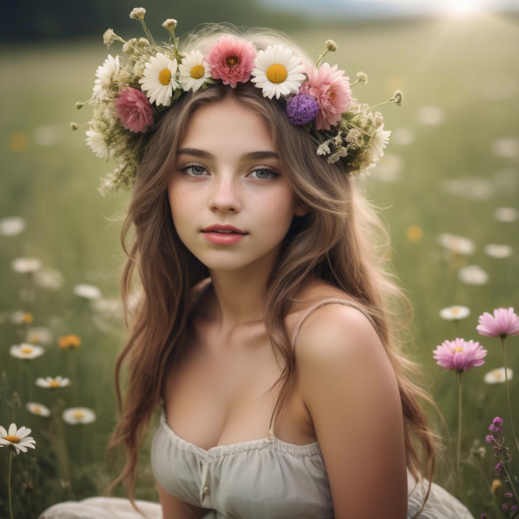A stunning image of dreamy girl with flowers in her hair in a meadow.