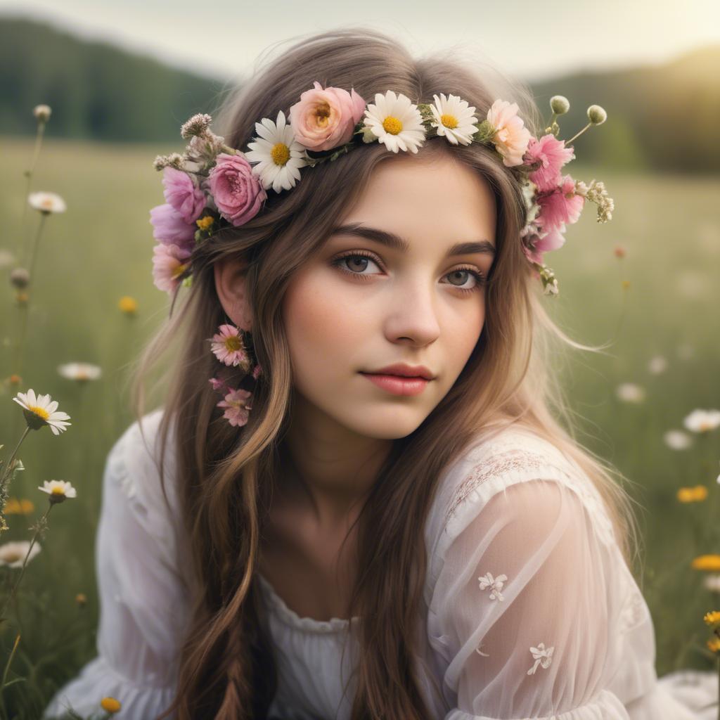 A stunning image of dreamy girl with flowers in her hair in a meadow.